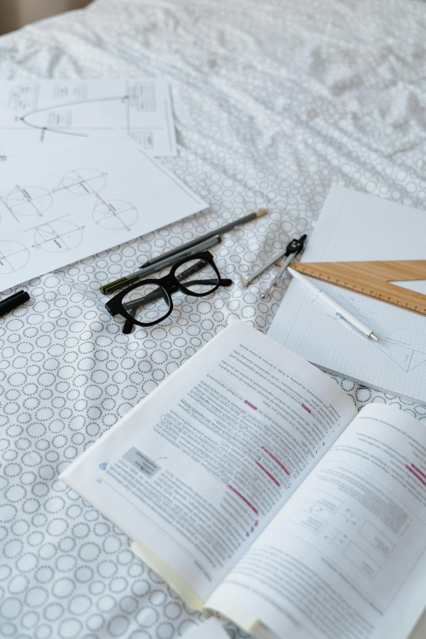 An organized study space with books, glasses, and stationery on a bed, ideal for remote learning and home study.